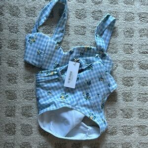 NWT Reformation Gingham Floral Durian Sweetheart Bikini Top bottoms set size xs